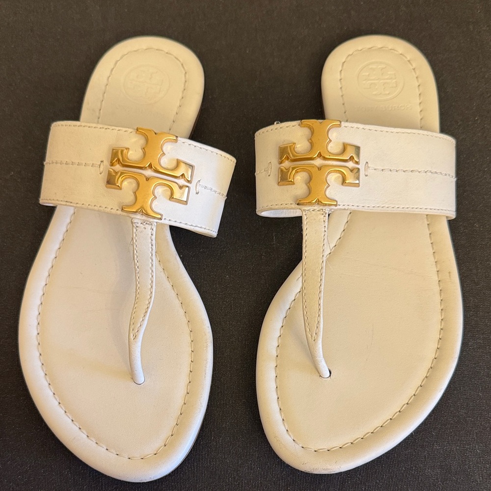 Tory Burch Cream Leather Gold Logo Thong Sandals